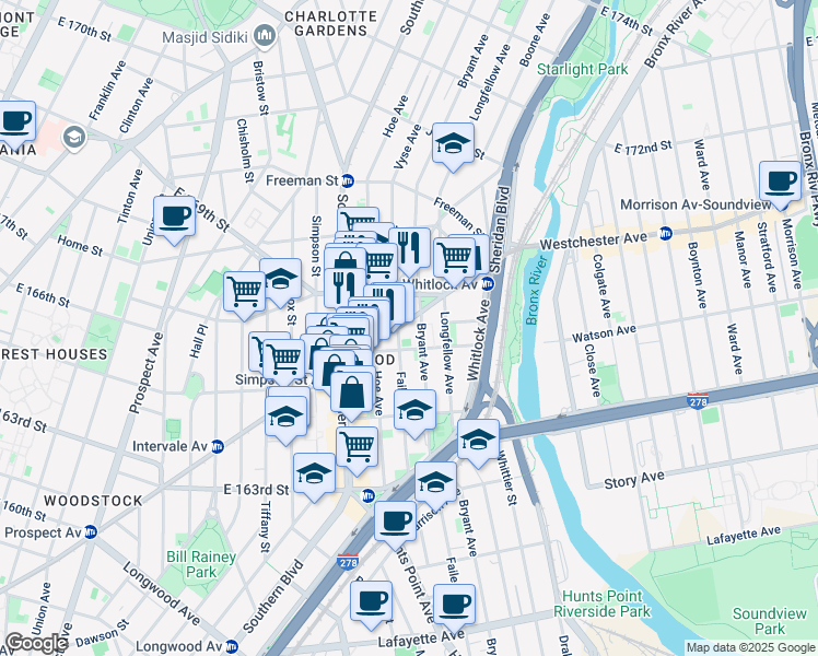 map of restaurants, bars, coffee shops, grocery stores, and more near 1122 Westchester Avenue in The Bronx