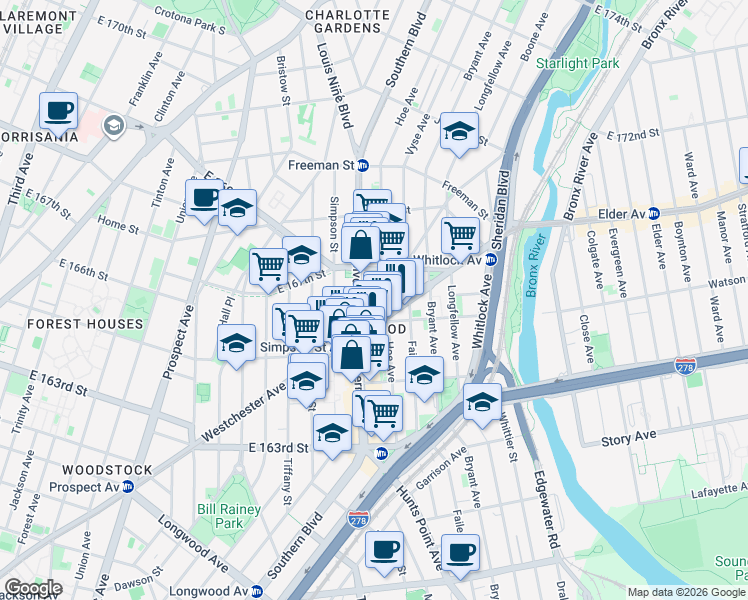 map of restaurants, bars, coffee shops, grocery stores, and more near in The Bronx