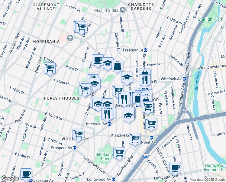 map of restaurants, bars, coffee shops, grocery stores, and more near 1075 Kelly Street in Bronx