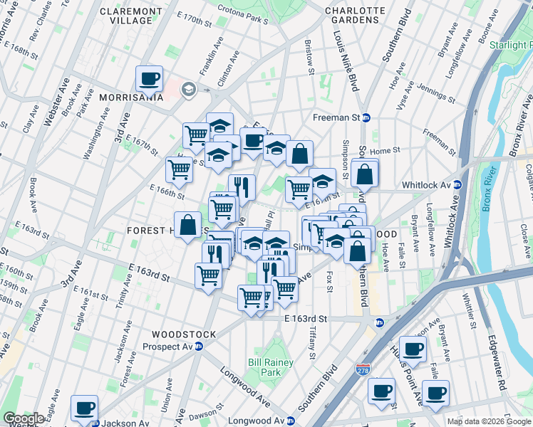 map of restaurants, bars, coffee shops, grocery stores, and more near in Bronx