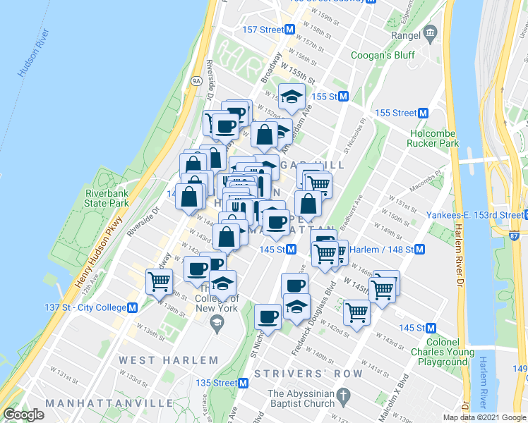map of restaurants, bars, coffee shops, grocery stores, and more near 1722 Amsterdam Avenue in New York
