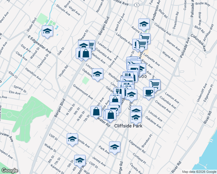 map of restaurants, bars, coffee shops, grocery stores, and more near 405 Oakdene Avenue in Cliffside Park