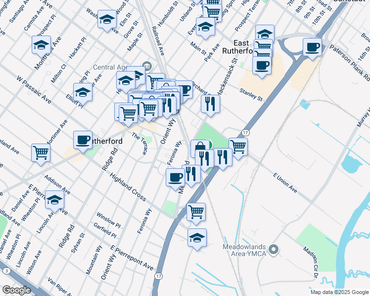 map of restaurants, bars, coffee shops, grocery stores, and more near 4 Meadow Road in Rutherford