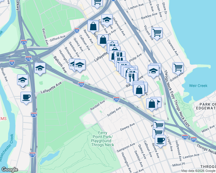 map of restaurants, bars, coffee shops, grocery stores, and more near 725 Quincy Avenue in Bronx