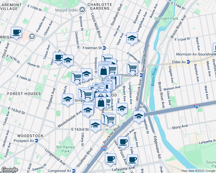 map of restaurants, bars, coffee shops, grocery stores, and more near in The Bronx
