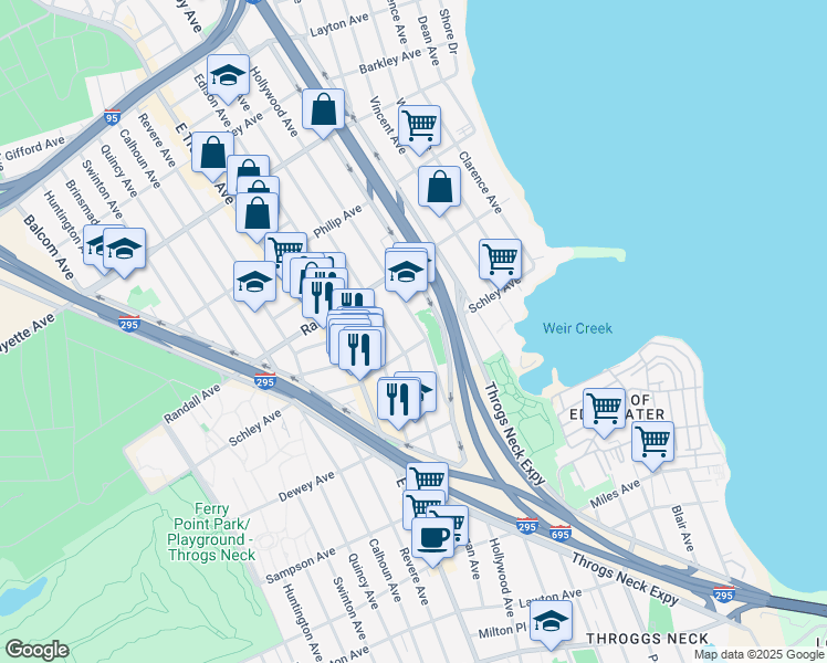 map of restaurants, bars, coffee shops, grocery stores, and more near 607 Hollywood Avenue in Bronx