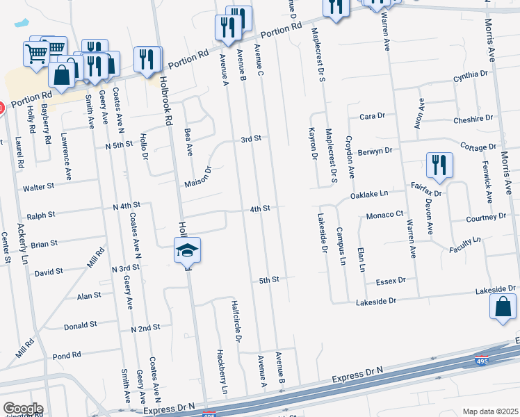 map of restaurants, bars, coffee shops, grocery stores, and more near Avenue B & 4th Street in Holbrook