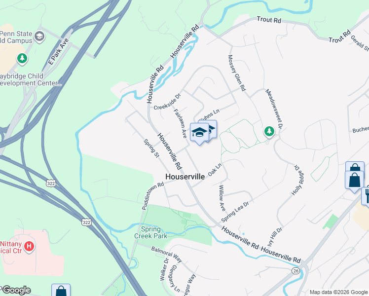 map of restaurants, bars, coffee shops, grocery stores, and more near 217 Scholl Street in State College