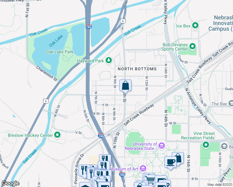 map of restaurants, bars, coffee shops, grocery stores, and more near 900 Charleston Street in Lincoln