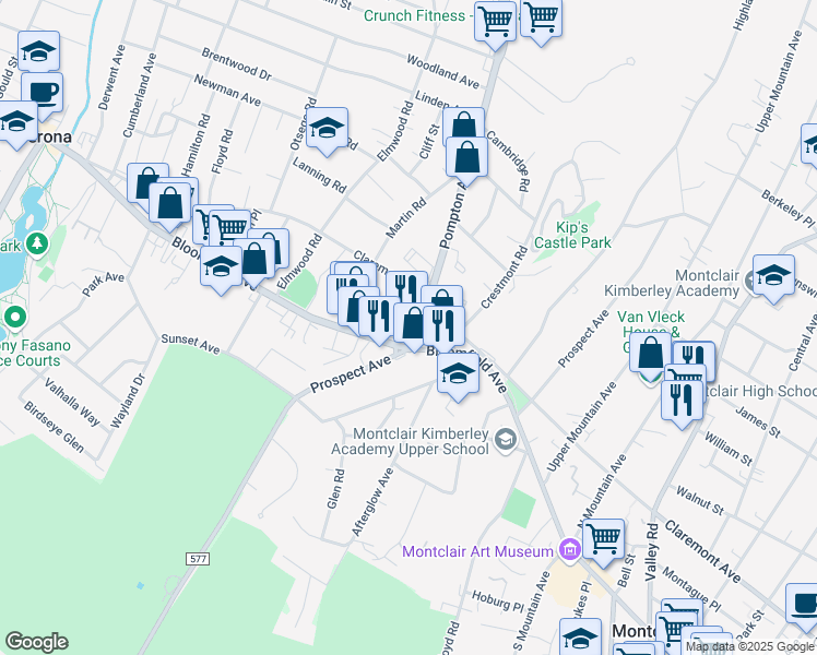 map of restaurants, bars, coffee shops, grocery stores, and more near 10 Pompton Avenue in Verona