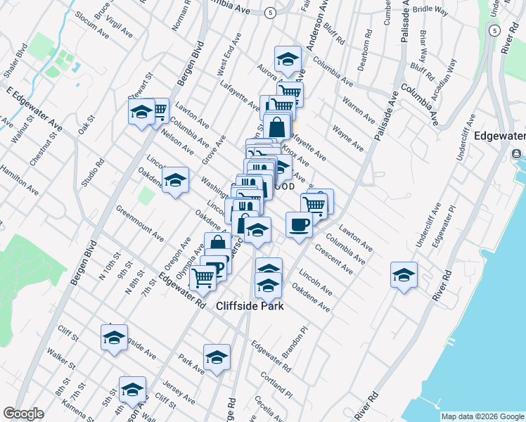 map of restaurants, bars, coffee shops, grocery stores, and more near 620 Anderson Avenue in Cliffside Park