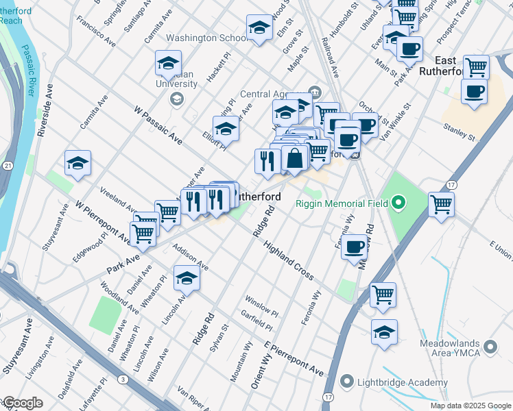 map of restaurants, bars, coffee shops, grocery stores, and more near 6 Highland Cross in Rutherford