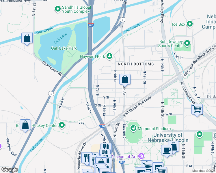 map of restaurants, bars, coffee shops, grocery stores, and more near 811 Charleston Street in Lincoln