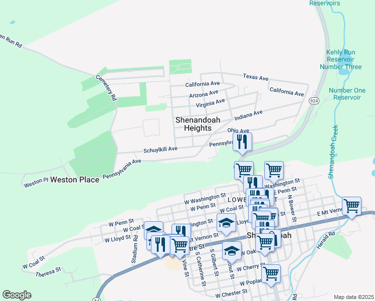 map of restaurants, bars, coffee shops, grocery stores, and more near 210 Schuylkill Avenue in Shenandoah