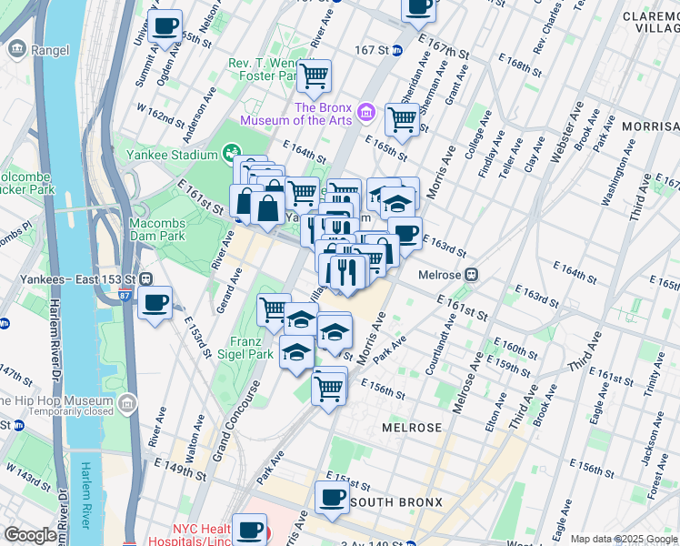 map of restaurants, bars, coffee shops, grocery stores, and more near 198 East 161 Street in The Bronx