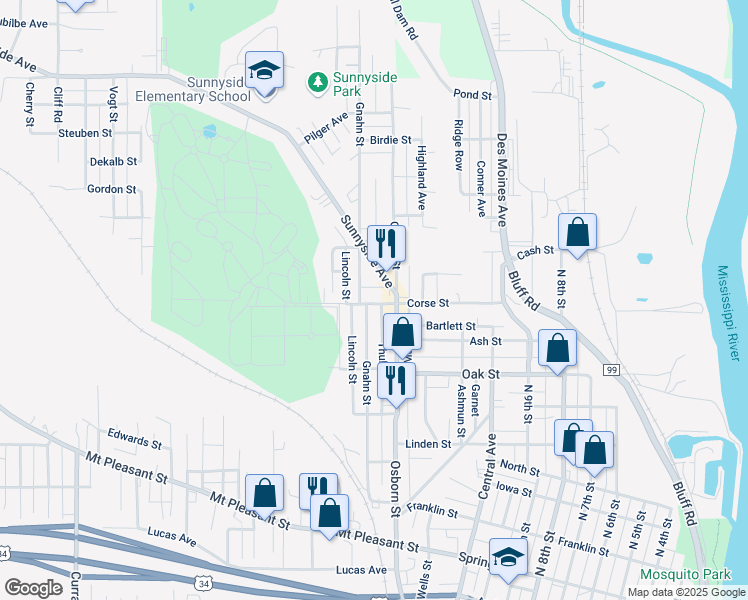 map of restaurants, bars, coffee shops, grocery stores, and more near 1406 Corse Street in Burlington