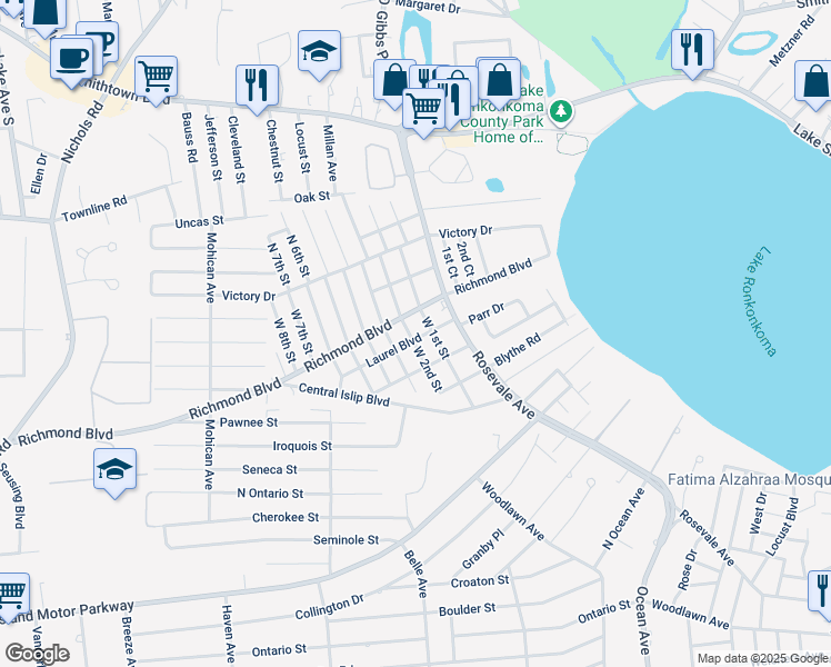 map of restaurants, bars, coffee shops, grocery stores, and more near 76 West 1st Street in Ronkonkoma