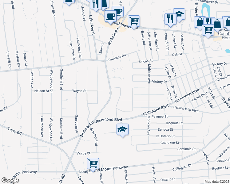 map of restaurants, bars, coffee shops, grocery stores, and more near 83 Richmond Boulevard in Ronkonkoma