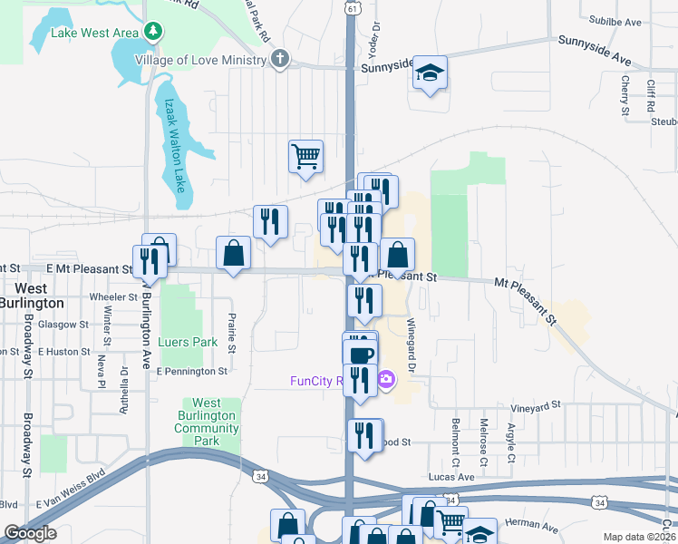 map of restaurants, bars, coffee shops, grocery stores, and more near 3000 Mount Pleasant Street in Burlington