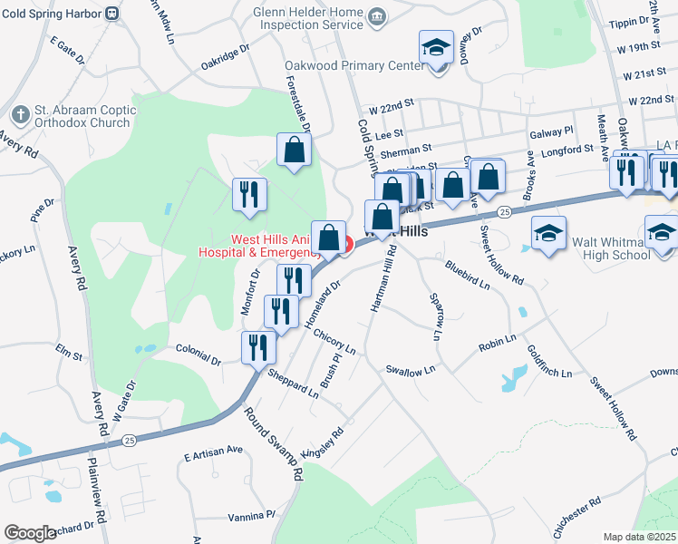 map of restaurants, bars, coffee shops, grocery stores, and more near 864 New York 25 in Huntington