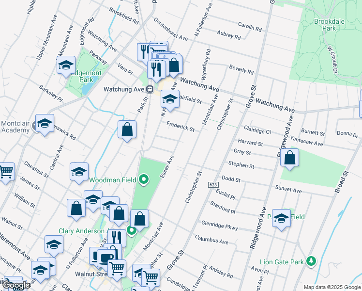 map of restaurants, bars, coffee shops, grocery stores, and more near 1 Mendl Terrace in Montclair