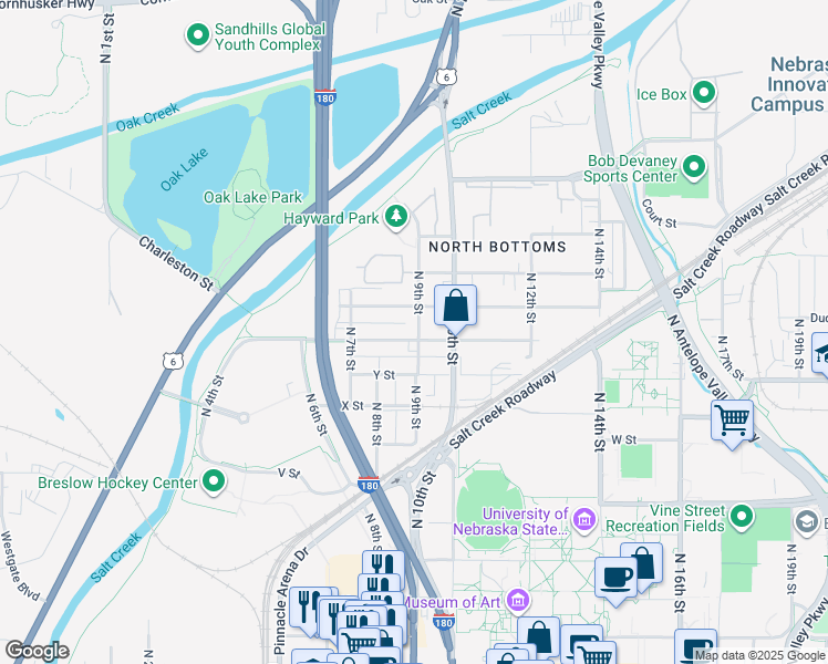 map of restaurants, bars, coffee shops, grocery stores, and more near 1223 North 9th Street in Lincoln
