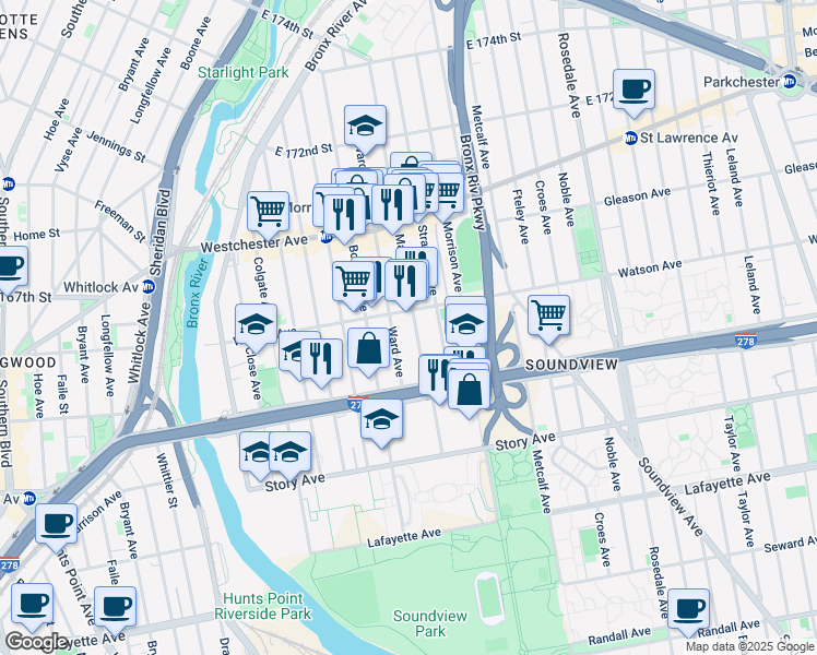 map of restaurants, bars, coffee shops, grocery stores, and more near 1048 Ward Avenue in Bronx