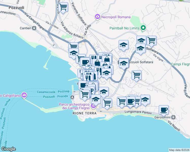 map of restaurants, bars, coffee shops, grocery stores, and more near 50 Via G. Pergolesi in Pozzuoli