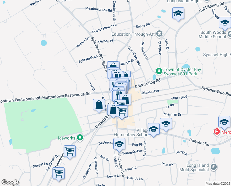 map of restaurants, bars, coffee shops, grocery stores, and more near 24 Whitney Avenue in Syosset