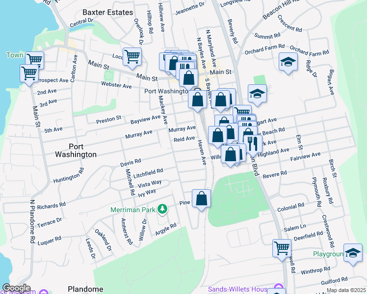 map of restaurants, bars, coffee shops, grocery stores, and more near 30 Davis Road in Port Washington