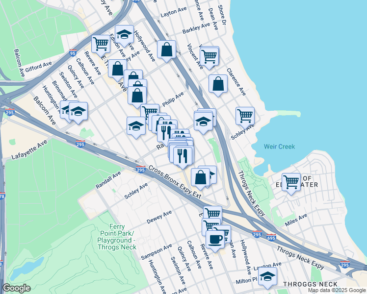 map of restaurants, bars, coffee shops, grocery stores, and more near 620 Edison Avenue in Bronx