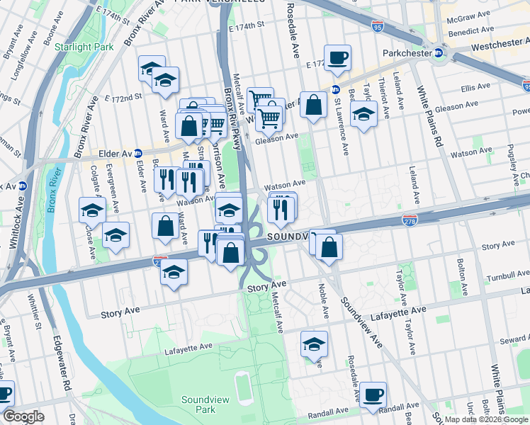 map of restaurants, bars, coffee shops, grocery stores, and more near 1032 Metcalf Avenue in Bronx