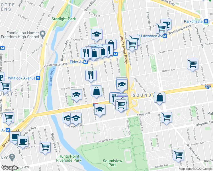 map of restaurants, bars, coffee shops, grocery stores, and more near 1048 Ward Avenue in Bronx