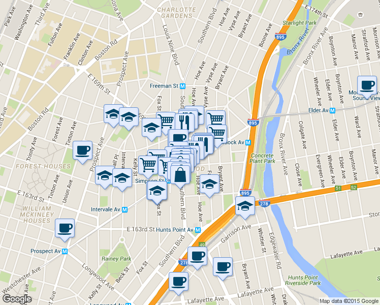map of restaurants, bars, coffee shops, grocery stores, and more near 1074 Southern Boulevard in The Bronx