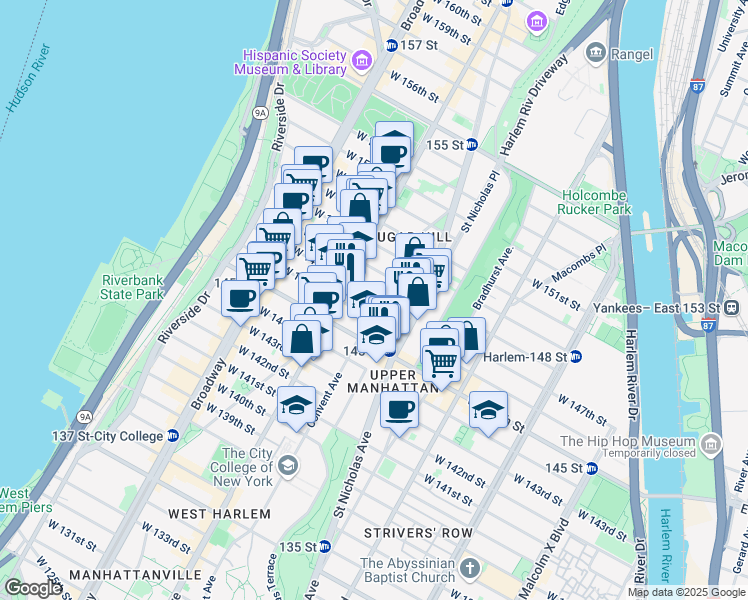 map of restaurants, bars, coffee shops, grocery stores, and more near 387 Convent Avenue in New York