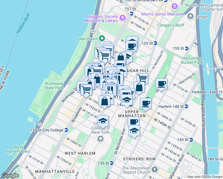 map of restaurants, bars, coffee shops, grocery stores, and more near 1625 Amsterdam Avenue in New York