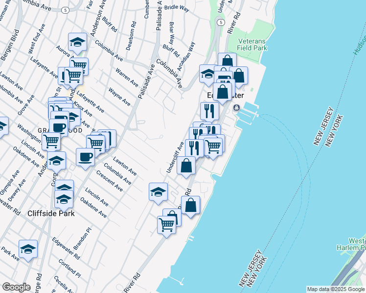 map of restaurants, bars, coffee shops, grocery stores, and more near 366 Undercliff Avenue in Edgewater