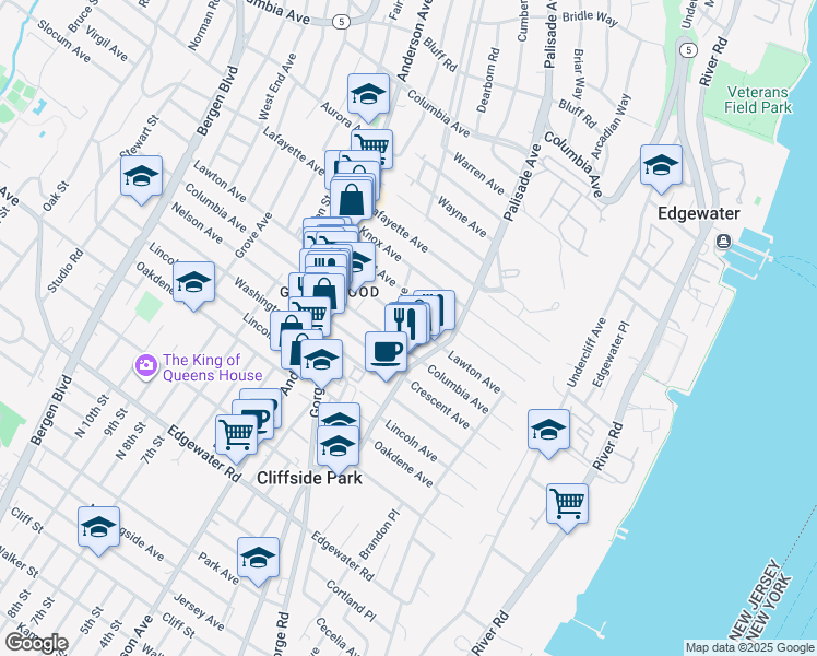 map of restaurants, bars, coffee shops, grocery stores, and more near 229 Columbia Avenue in Cliffside Park
