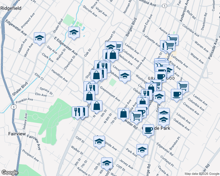 map of restaurants, bars, coffee shops, grocery stores, and more near 465 Greenmount Avenue in Cliffside Park