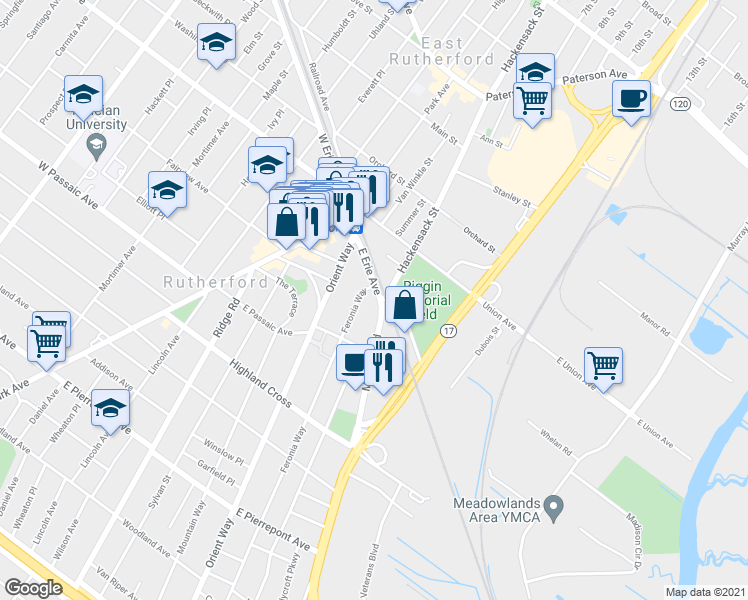 map of restaurants, bars, coffee shops, grocery stores, and more near 4 Meadow Road in Rutherford