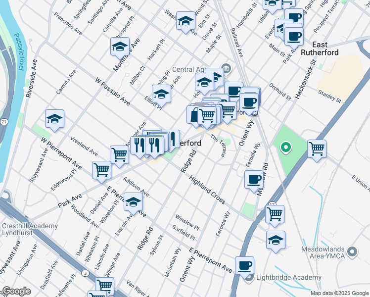 map of restaurants, bars, coffee shops, grocery stores, and more near 6 Highland Cross in Rutherford