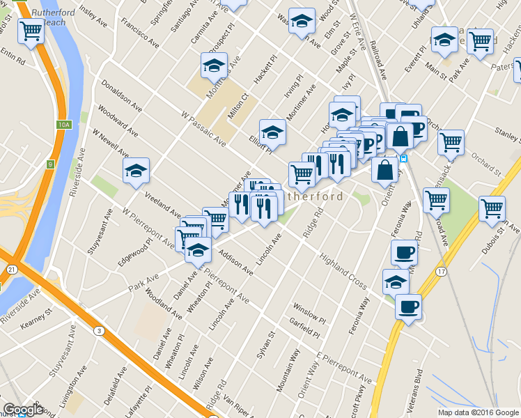 map of restaurants, bars, coffee shops, grocery stores, and more near 0 Rutherford Avenue in Lyndhurst