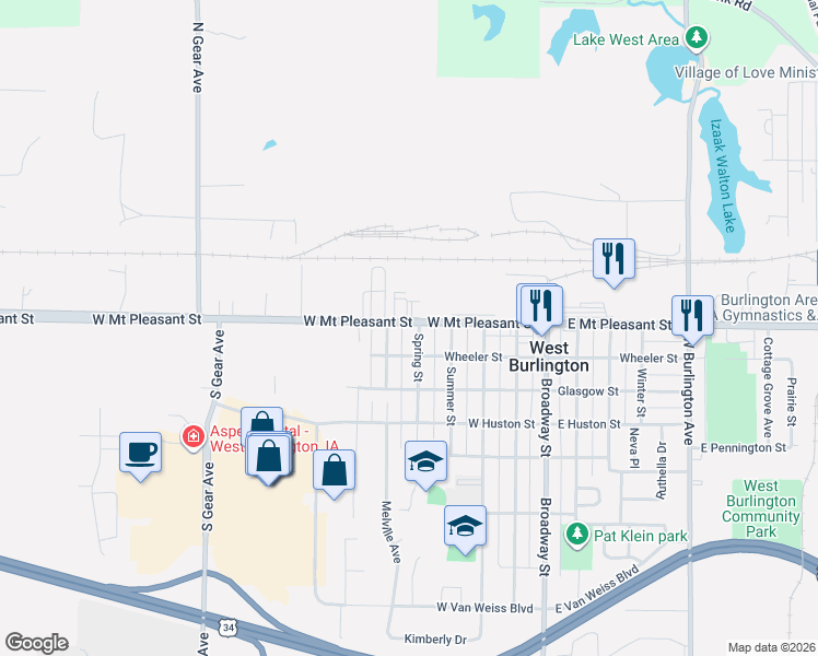 map of restaurants, bars, coffee shops, grocery stores, and more near 114 Schwartz Street in West Burlington