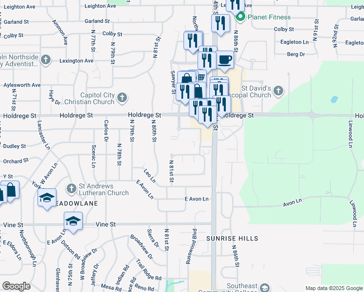 map of restaurants, bars, coffee shops, grocery stores, and more near 8130 Rainy River Road in Lincoln