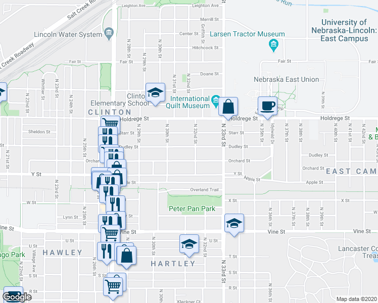 map of restaurants, bars, coffee shops, grocery stores, and more near 3046 Orchard Street in Lincoln