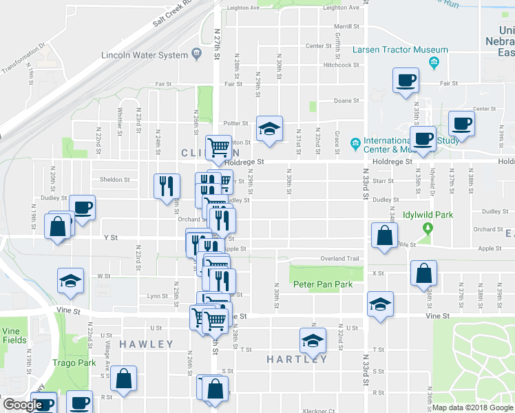 map of restaurants, bars, coffee shops, grocery stores, and more near 2918 Orchard Street in Lincoln