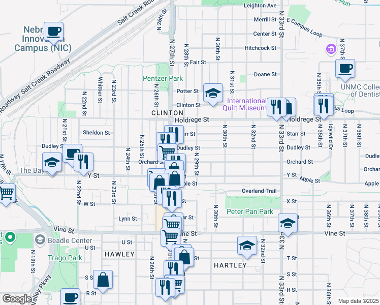 map of restaurants, bars, coffee shops, grocery stores, and more near 2808 Orchard Street in Lincoln