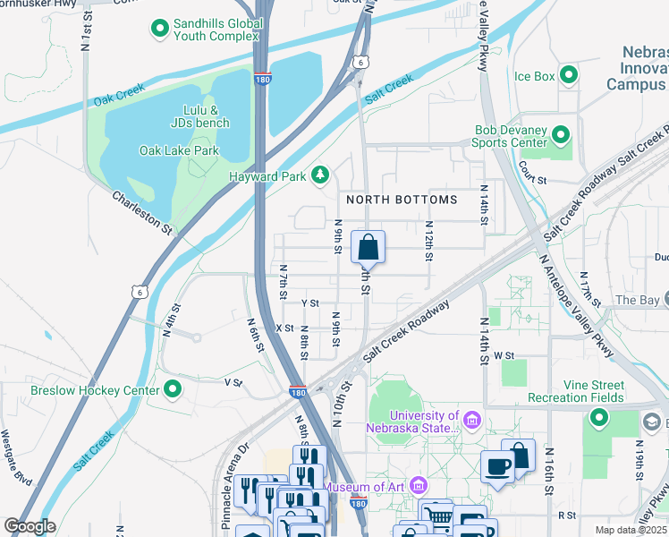 map of restaurants, bars, coffee shops, grocery stores, and more near 915 Charleston Street in Lincoln