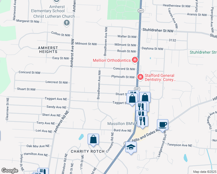 map of restaurants, bars, coffee shops, grocery stores, and more near 1241 Leecrest Street Northwest in Massillon