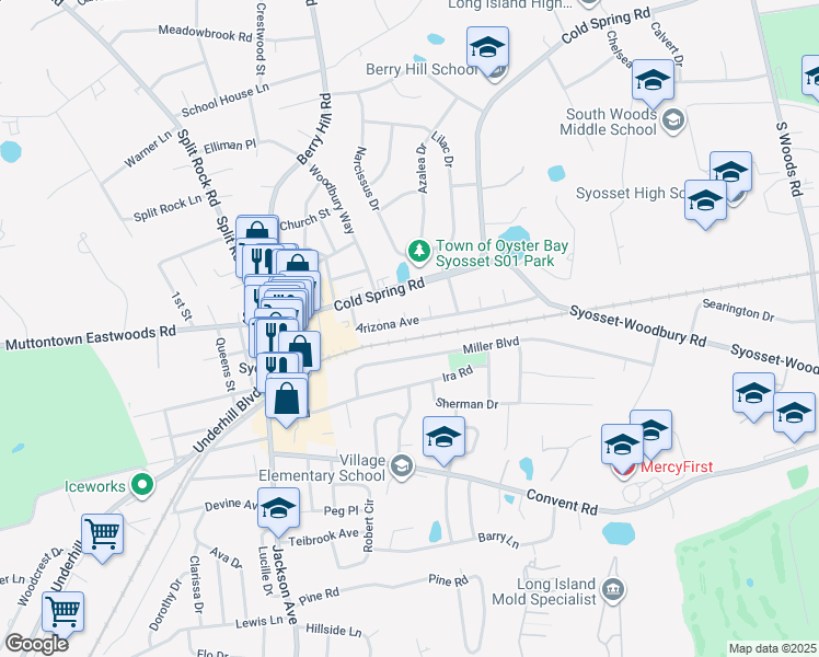 map of restaurants, bars, coffee shops, grocery stores, and more near 27 Miller Boulevard in Syosset